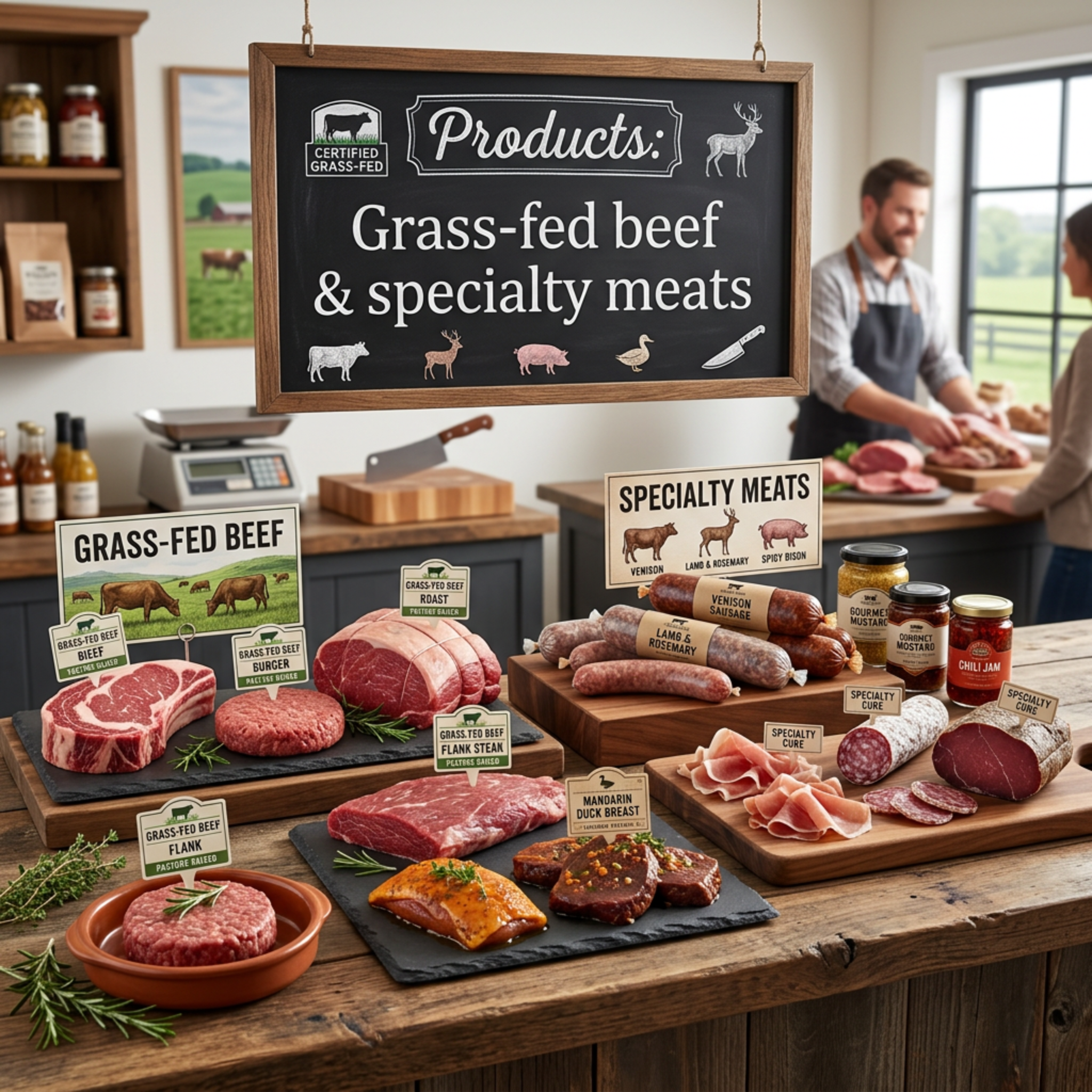 Grass-fed beef and specialty meats display